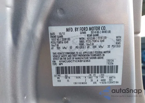 2012 Ford Escape Xls z USA, uszkodzony, nr VIN 1FMCU0C71CKB12353